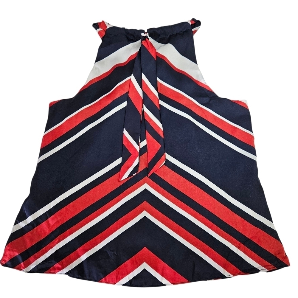 NEW Chaps Navy Multi Striped Silky Halter Tie Detail Tank Top Large Americana